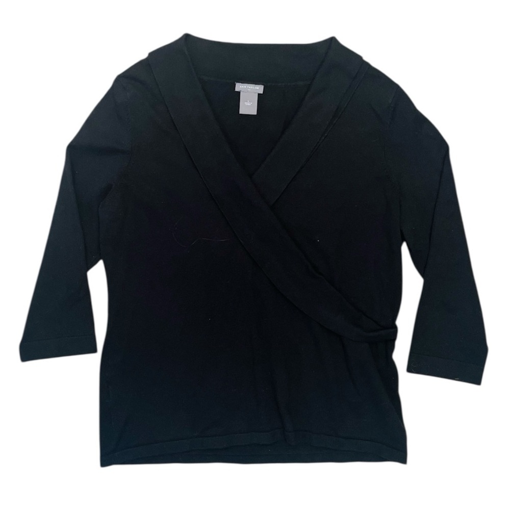Ann Taylor Silk Blend Classic Black Collared Wrap Style Top
